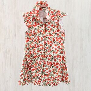 Wenrine Floral Dress Women White Red Button Front Ruffle Sleeve Cottagecore